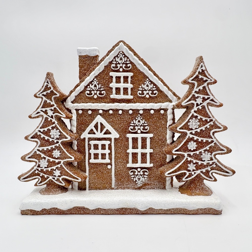 Gingerbread House Christmas Decor with Trees Snow Glitter Festive Holliday